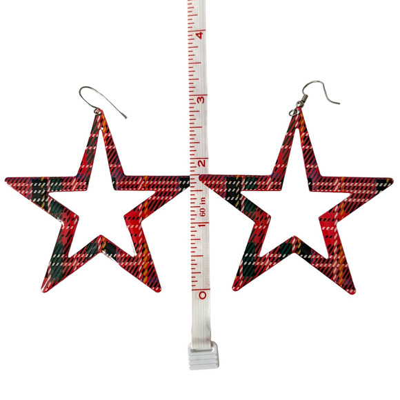 Vintage Red Plaid Star Statement Earrings - Picture 3 of 4